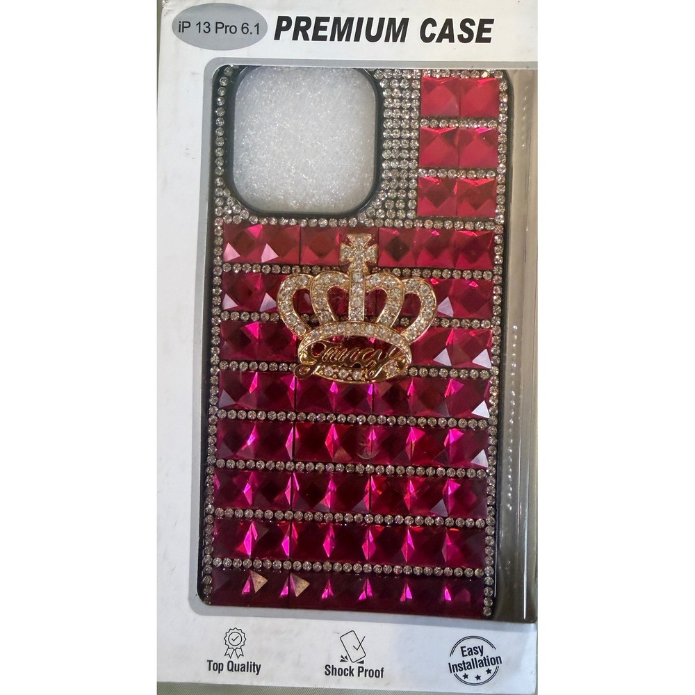 iPhone 13 Pro 6.1 Premium Case Pink Rhinestone Crystal Gold Crown Shockproof
